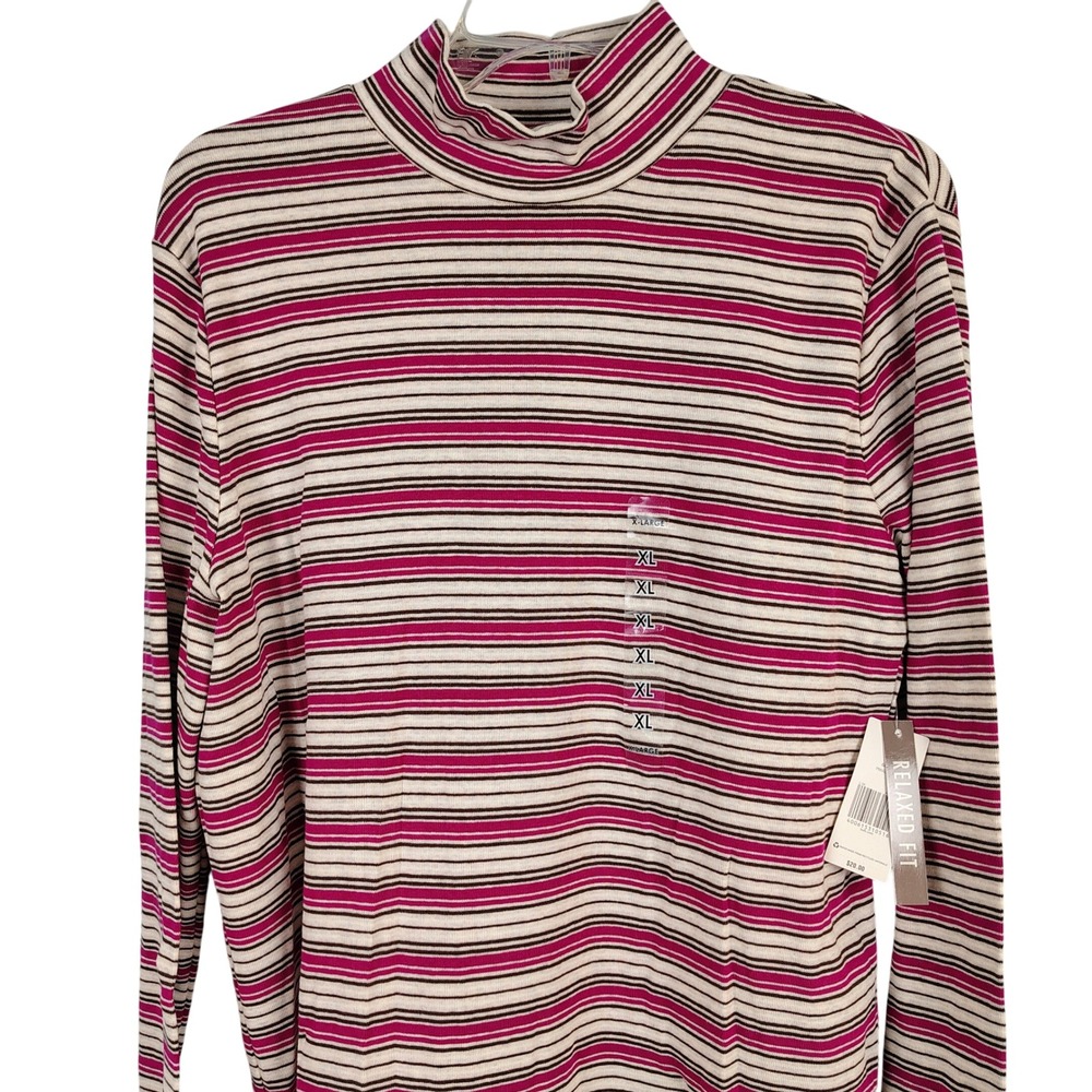 NWT Kim Rogers Womens XL Relaxed Mock Neck Top Multicolor Striped Retro Cotton